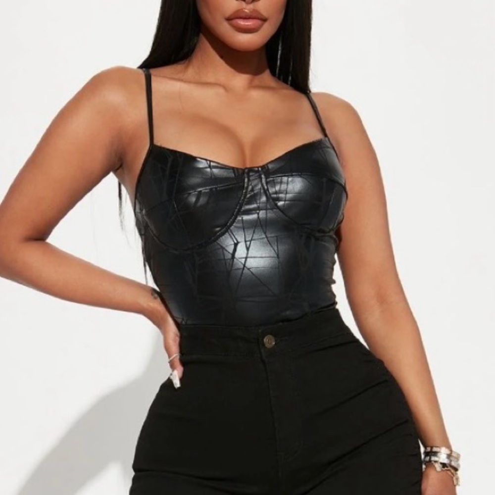 Fashion Nova Black Faux Leather Bodysuit